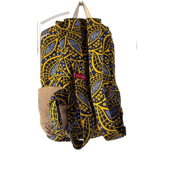 Taaluma Ivory Coast‎ Tote Backpack Blue Yellow Burlap - Picture 2 of 7